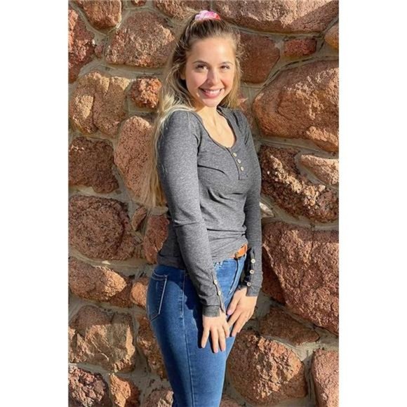 Women's Long Sleeve Shirts Casual Fall Henley Top Button Down Blouses Rib-Knit - Picture 3 of 6